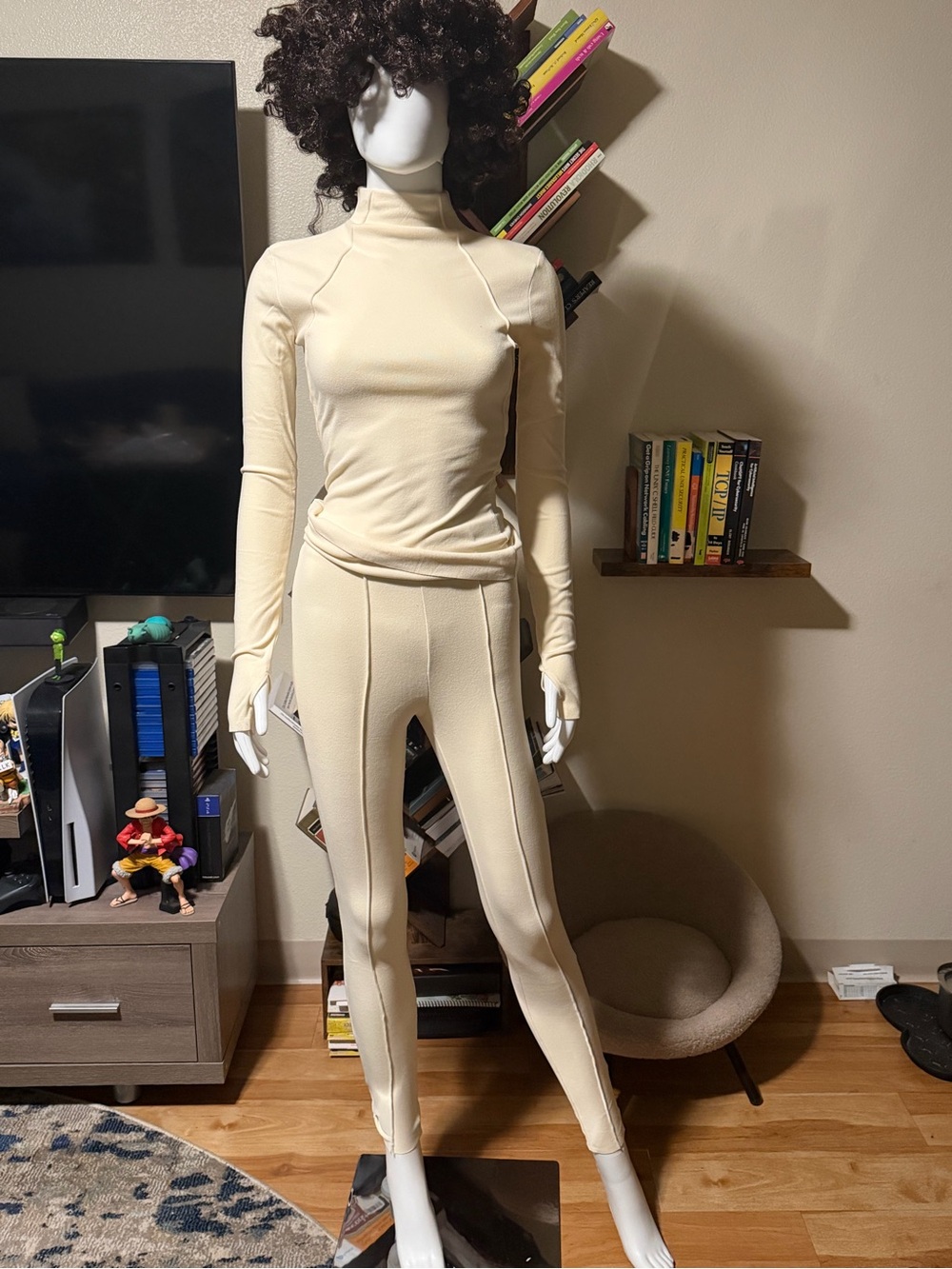 Women’s long sleeved cream top & solid tight but stretchy pants  - Packaged NEW